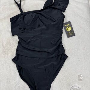 Kathy Ireland Black Ruffled Women's One Piece Bathing Suit